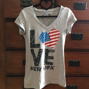 I Heart New York Rhinestone Sparkle V-Neck American Flag Heart, Womens Size M